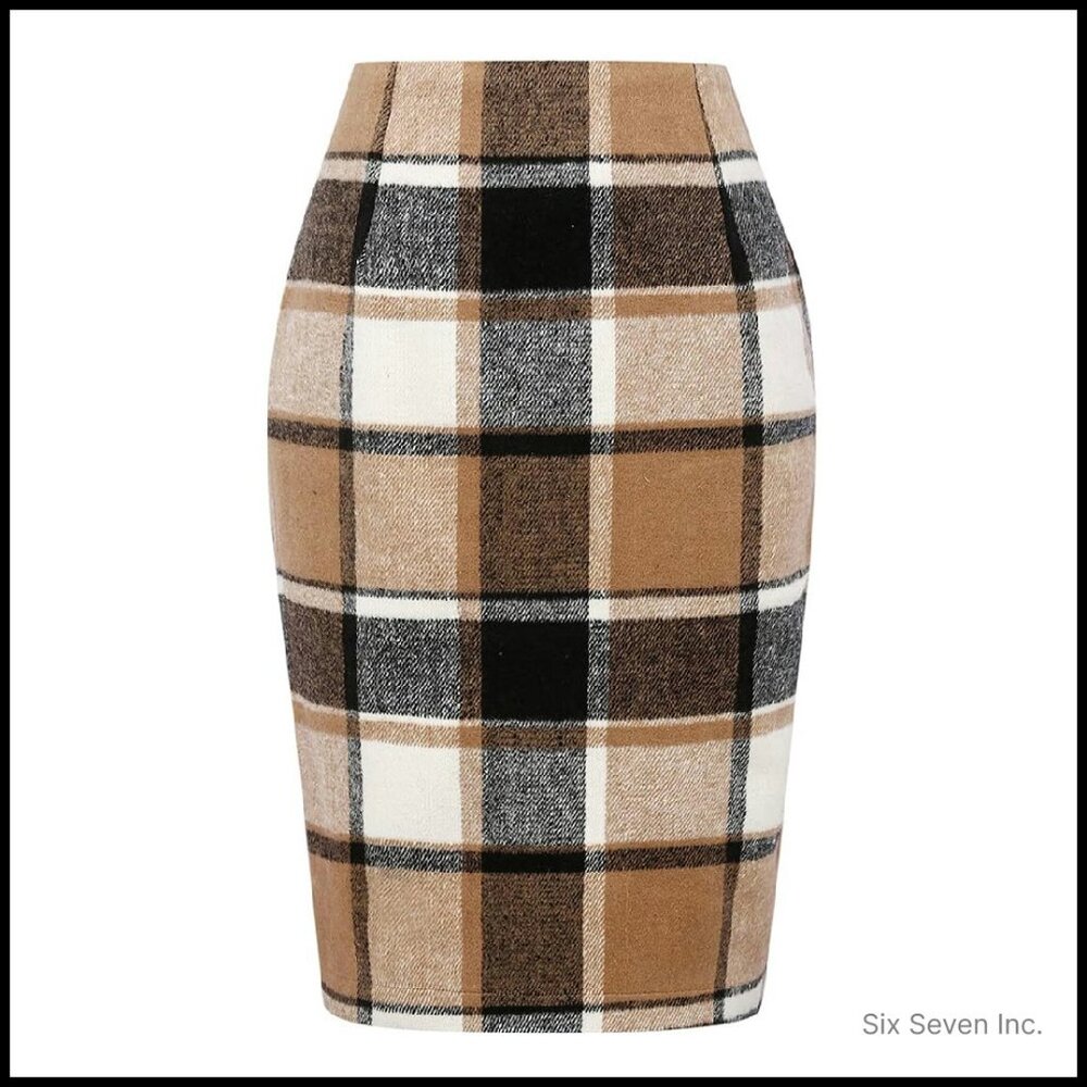 Knee Length Wool Pencil Skirt Classic Chic Fall Winter Bodycon Plaid